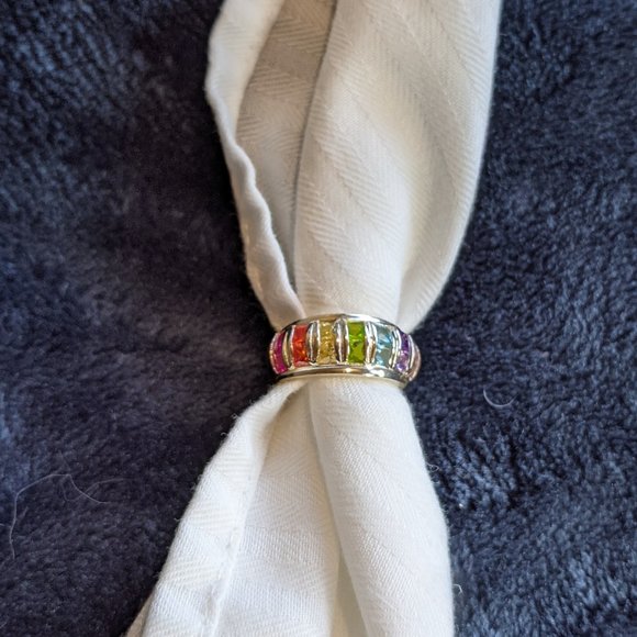 Crystal Multicolor Set Of Two Silver Rings Stackable EUC Trendy - Picture 3 of 12